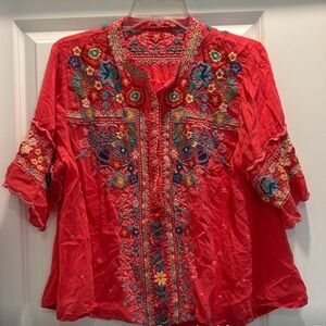 Johnny Was Red Embroidered Blouse